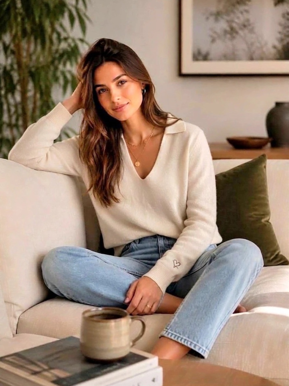 525 America Cashmere V-Neck Sweater Cream Sz S